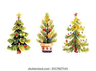 Christmas tree watercolor isolated on white background, Set of greenery Christmas pine tree watercolor vector illustration