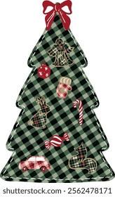 Christmas tree, watercolor, patchwork. Vector. Set of Christmas toys, bow, deer, green cage, plaid texture. Christmas tree with decoration, fabric, textil surface.