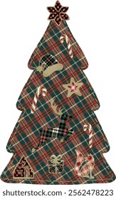 Christmas tree, watercolor, patchwork. Vector. Set of Christmas toys, bow, deer, red cage, plaid texture. Christmas tree with decoration, fabric, textil surface.