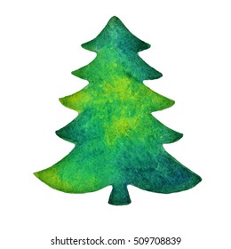 Christmas tree watercolor silhouette, isolated on white background, vector illustration for design