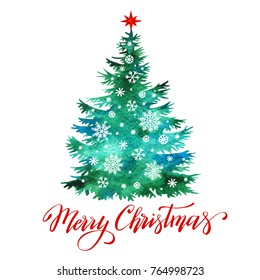 Christmas tree watercolor texture silhouette with snowflakes, vector illustration, template for design, greeting card, invitation.