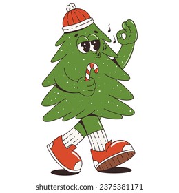 A Christmas tree wearing a hat, walking and singing with a candy in her hand. Funny retro cartoon character in trendy groovy style. 60 -70s vibes. Merry Christmas and Happy New Year.
