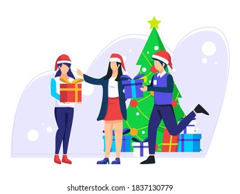 Christmas tree to welcome Christmas in winter. The work team celebrates the Christmas holidays together. Vector illustration of a business team.