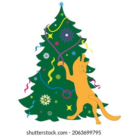Christmas tree, which climbs a funny red cat