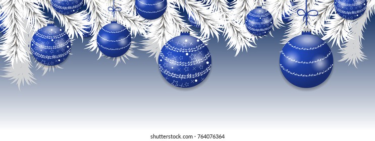 Christmas tree white branches with blue balls. Holidays baubles decoration banner. Vector illustration.