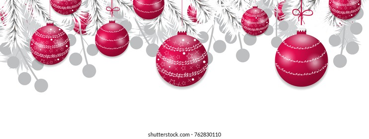 Christmas tree white branches with red balls. Holidays baubles decoration banner. Vector illustration.
