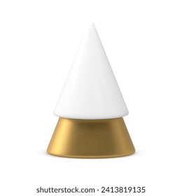 Christmas tree white golden luxury toy for winter holiday celebrate 3d icon realistic vector illustration. Xmas spruce minimalist geometric bauble triangle cone shape festive decorative premium design