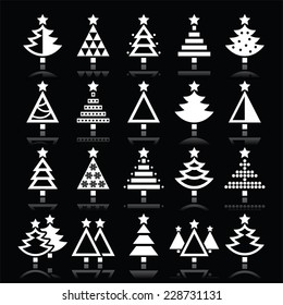 Christmas tree white icons set isolated on black