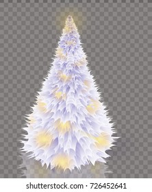 Christmas tree. White isolated fluffy and mossy christmas tree. Christmas and new year decorations Christmas tree from white feathers with lights. Vector illustration. 