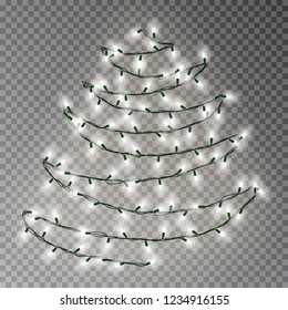 Christmas tree of white lights string. Transparent effect decoration isolated on dark background. Realistic Christmas garland vector. Glowing Winter Xmas tree lights string, banner illustration.