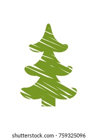 Christmas tree with white lines that symbolize snow and gusts of wind, minimalist representation of evergreen pine isolated on vector illustration