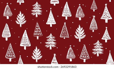 Árbol de Navidad blanco sobre rojo, ilustraciones dibujadas a mano.	