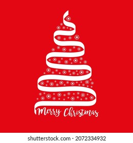 Christmas tree from white ribbon. Snowflake set xmas ball. Abstract line. Merry Christmas. Happy New Year. Greeting card. Flat design. Red background. Isolated. Vector illustration