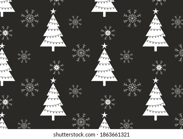 Weihnachtsbaum mit weißem Schneeflocken Weihnachtsbaum auf schwarzem Hintergrund. Weihnachtshintergrund für Geschenkverpackung
