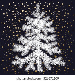 Christmas tree. White spruce isolated on black background and gold snowflakes. Evergreen forest plants. Vector illustration of a fir or pine for design holiday gifts, greeting cards, signs, posters