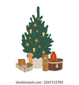 Christmas tree in a wicker pot and gift boxes. Festive fir tree with handmade toys: ginger star, dried oranges, wooden balls. An eco-friendly holiday. Vector illustration.