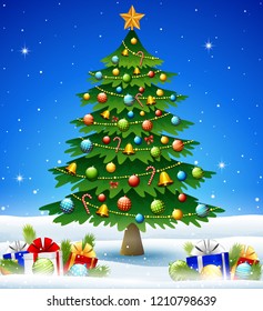 Christmas tree in winter background with gift boxes and balls