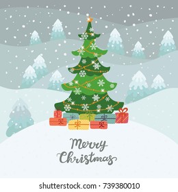 Christmas tree in winter forest with gifts. Merry Christmas.