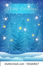 Christmas tree in winter forest with snowfall, snowflake and shiny star on bright night blue sky background, vector and illustration