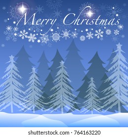 Christmas tree in winter forest vector and illustration with snowball, snowflake, shiny stars on blue sky background with Merry Christmas words for Winter, Christmas, and New year concept