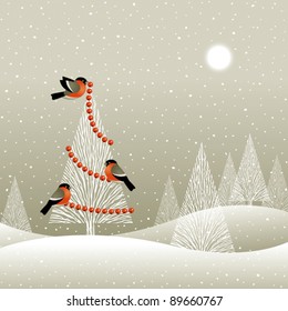 Christmas tree in winter forest. Vector