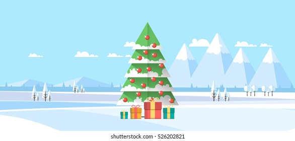 Christmas Tree in Winter Landscape Abstract Flat Illustration.