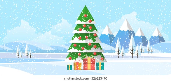 Christmas Tree in Winter Landscape Abstract Flat Illustration.