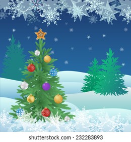 Christmas tree and winter landscape at night forest.