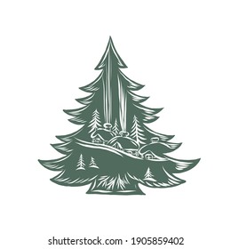 Christmas tree with a winter landscape.
Vector drawing for Christmas card. New Year