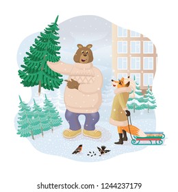 Christmas tree winter market vector illustration with funny bear and cute fox for a postcard or invitation
