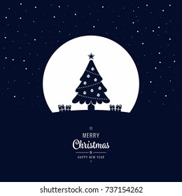 Christmas tree winter night greeting text big moon