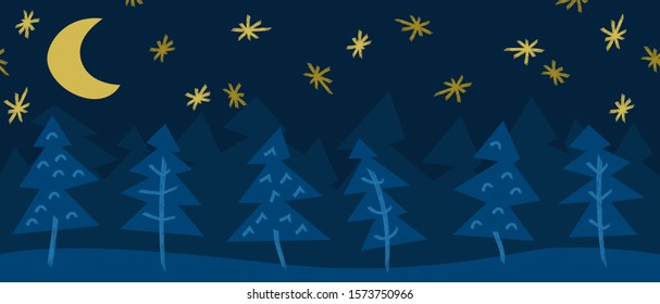 Christmas tree winter night landscape background banner abstract drawing