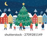 Christmas Tree in Winter Town Square with People Walking.Festive winter town illustration featuring a large decorated Christmas tree in the city square, surrounded by people walking and enjoying