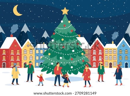 Christmas Tree in Winter Town Square with People Walking.Festive winter town illustration featuring a large decorated Christmas tree in the city square, surrounded by people walking and enjoying