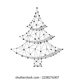 Christmas tree wireframe digital vector sign. Xmas black and white polygon geometric x-mas tree. Dot and line triangle monohrome futuristic design element.