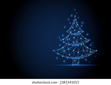 Christmas tree wireframe new year digital banner date vector sign. Xmas blue polygon tree with light and sparkles. Dot and line triangle blue futuristic polygonal design.