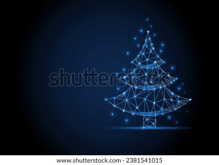 Christmas tree wireframe new year digital banner date vector sign. Xmas blue polygon tree with light and sparkles. Dot and line triangle blue futuristic polygonal design.