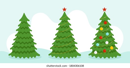 Christmas tree with or without decorations. Before and after. Decorating a festive party. New Year celebration. Flat cartoon vector illustration on light blue background