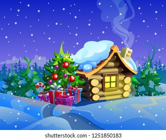 
Christmas tree with wooden house in the winter forest. Vector illustration.