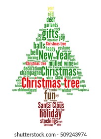 Christmas tree word cloud concept in shape of fir on white background. Vector.