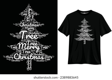 Christmas tree word cloud design, t-shirt design, Vector illustration.