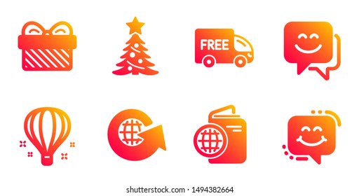 Christmas tree, World globe and Free delivery line icons set. Gift, Smile face and Travel passport signs. Air balloon, Smile chat symbols. Spruce, Around the world. Holidays set. Vector