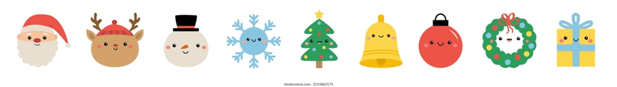 Christmas tree wreath, ball toy, Santa Claus, deer reindeer, snowman,gift box, bell ring, snowflake. Cute kawaii cartoon icon set. Funny face head. Childish style. Flat design. White background Vector