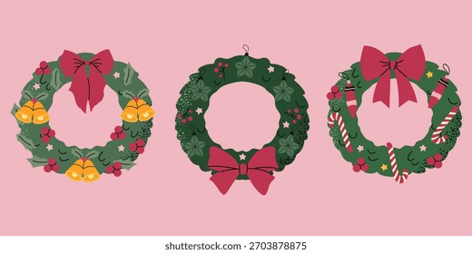Christmas Tree Wreath with decor Set Collection isolated illustration