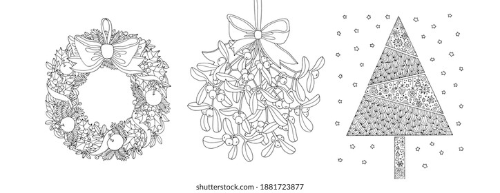 Christmas tree, wreath and mistletoe with bow. Ribbons, pine tree, forest holly berry, apple fruit. Vector hand drawn artwork. Holiday concept. Coloring book page for adults, kids. Black and white