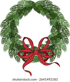 Christmas tree wreath. pine tree branches with red bow and ribbons. composition isolated. Vector graphic line ink illustration. Decoration for holiday banners, party posters, cards, headers
