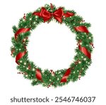 Christmas tree wreath. Realistic pine tree branches with red bow and ribbons. Decoration for holiday banners, party posters, cards, headers, social media. Transparent background in vector file.