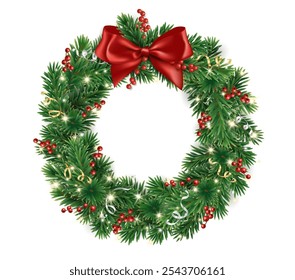 Christmas tree wreath. Realistic pine tree branches with red bow and ribbons. Decoration for holiday banners, party posters, cards, headers, social media. Transparent background in vector file.