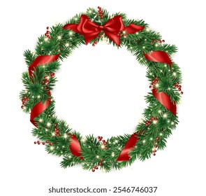 Christmas tree wreath. Realistic pine tree branches with red bow and ribbons. Decoration for holiday banners, party posters, cards, headers, social media. Transparent background in vector file.