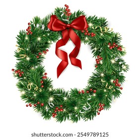 Christmas tree wreath. Realistic pine tree branches with red bow and ribbons. Decoration for holiday banners, party posters, cards, headers, social media. Transparent background in vector file.